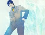  1boy black_eyes closed_mouth formal grey_suit hair_between_eyes hand_in_pocket ice kekkai_sensen male_focus necktie red_eyes scar scar_on_face scar_on_neck smile solo sowaka steven_a._starphase suit yellow_neckwear 