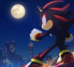  1boy animal_nose city clenched_hands closed_mouth from_side full_moon furry gloves male_focus moon msg01 night night_sky red_eyes serious shadow_the_hedgehog sky sliding solo sonic_(series) sonic_adventure_2 sparks star_(sky) starry_sky urban white_gloves 