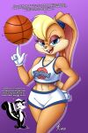  2021 anthro atticus-kotch basketball blonde_hair blue_eyes female hair hi_res lagomorph leporid lola_bunny looking_at_viewer looney_tunes male mammal mephitid pep&eacute;_le_pew rabbit simple_background skunk text warner_brothers 