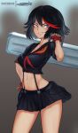  1girl black_hair blue_eyes case fingerless_gloves gloves hand_on_hip highres kill_la_kill matoi_ryuuko mayhem_art midriff multicolored_hair patreon_username petite red_hair school_uniform short_hair skirt smile solo standing streaked_hair tomboy two-tone_hair 