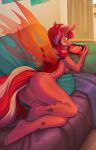  2021 anthro arthropod breasts changeling digital_media_(artwork) fan_character female fingers friendship_is_magic gaming hair hasbro hi_res hole_(anatomy) hooves horn insect_wings margony my_little_pony nintendo nintendo_switch nude playing_videogame red_eyes red_hair smile solo video_games wings 