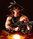  1boy bardock black_eyes black_hair black_shirt brown_background closed_mouth dragon_ball dragon_ball_z finger_on_trigger gun headband highres holding holding_gun holding_weapon john_rambo looking_at_viewer machine_gun male_focus muscular muscular_male pectorals rambo shirt short_hair simple_background solo spiked_hair sunrise taka_(takahirokun) torn_clothes torn_shirt upper_body veiny_hands weapon 