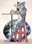  2019 anthro beverage blue_eyes bubble_tea casual_nudity cellphone felid fur furniture grey_body grey_fur male mammal nude pantherine phone qutens sitting snow_leopard solo spots stool table 