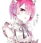  1girl black_ribbon breasts cleavage detached_collar detached_sleeves flower hair_flower hair_ornament hair_over_one_eye hair_ribbon head_wreath looking_at_viewer neck_ribbon open_mouth pink_hair purple_ribbon ram_(re:zero) re:zero_kara_hajimeru_isekai_seikatsu red_eyes ribbon roswaal_mansion_maid_uniform shiny shiny_hair short_hair shumiko_(kamenokoueki) sketch small_breasts solo upper_body white_flower x_hair_ornament 