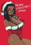  1girl absurdres bare_shoulders black_hair breasts candy candy_cane cleavage cowboy_shot dark_skin dark_skinned_female food freckles fur_trim gigi_(whoopsatro) glasses hat highres large_breasts leotard long_hair merry_christmas original red_background red_headwear red_leotard santa_hat signature simple_background solo whoopsatro 