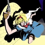  1girl absurdres alice_margatroid alley ammunition_belt ascot asha bangs blonde_hair blue_dress boots breasts brick_wall brown_footwear bullet capelet cigarette commentary_request cookie_(touhou) dress foreshortening frilled_capelet frills full_body grin gun hair_over_eyes hairband handgun highres holding holding_gun holding_weapon jigen_(cookie) lupin_iii medium_breasts night outdoors parody red_hairband red_neckwear revolver running short_hair short_sleeves smile smoking solo spotlight touhou weapon white_capelet 