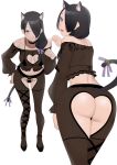  1girl animal_ear_fluff animal_ears ass back bare_shoulders bell black_choker black_eyes blush breasts cat_ears cat_tail choker cleavage cleavage_cutout closed_mouth clothing_cutout fingernails hair_over_one_eye hair_ribbon heart_cutout highres light_purple_eyes long_hair looking_back multiple_views off_shoulder open_mouth original paw_pose paw_print purple_eyes purple_ribbon remomon0 ribbon see-through simple_background tail tail_bell tail_ornament tail_ribbon white_background 