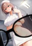  1girl absurdres arm_under_breasts bangs black-framed_eyewear blue_eyes blurry blurry_background blush breasts brown_hair clipboard dutch_angle from_below hair_between_eyes hat highres holding holding_clipboard large_breasts mole mole_under_eye navel nurse nurse_cap open_mouth original ryouma_(galley) see-through thighs x-ray x-ray_glasses x-ray_vision 