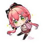  1girl 35p_(sakura_miko) ahoge alternate_costume alternate_hairstyle animal_hat black_legwear blush chestnut_mouth chibi green_eyes hat hololive official_alternate_costume pink_hair sakura_miko signature sparkle thighhighs twintails virtual_youtuber white_background yuncha 