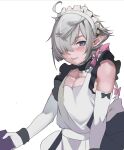  1boy ahoge alphinaud_leveilleur bare_pecs bare_shoulders black_bow black_choker blue_eyes blush bow choker closed_mouth collarbone elbow_gloves elezen elf final_fantasy final_fantasy_xiv frilled_choker frills gloves grey_hair hair_bow hair_over_one_eye highres holding long_hair maid male_focus otoko_no_ko pink_bow pointy_ears sakurami_sumi simple_background skindentation solo white_background white_gloves 