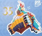  &lt;3 2021 anniversary anthro avian beak bird breath_of_the_wild bust_portrait clothed clothing dated english_text feathers hi_res kass_(tloz) male musical_instrument nintendo number portrait rito signature skaifox smile solo text the_legend_of_zelda video_games 