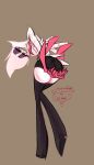  angel_dust arachnid artblush arthropod bent_over bottomwear brown_background clothing demon hazbin_hotel hi_res looking_at_viewer looking_back low-angle_view male multi_arm multi_limb signature simple_background skirt smile solo spider suggestive walking 