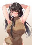  1girl armpits arms_behind_head arms_up bechu black_hair blush bottomless breasts commentary_request covered_nipples eyebrows_visible_through_hair girls_frontline gradient gradient_background heterochromia highres korean_commentary large_breasts long_hair looking_at_viewer multicolored_hair red_eyes ro635_(girls_frontline) sleeveless sleeveless_sweater solo streaked_hair sweat sweater white_hair yellow_eyes 