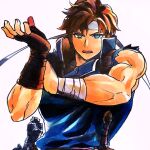  1boy adjusting_clothes adjusting_gloves blue_eyes brown_hair castlevania castlevania:_rondo_of_blood glove_pull gloves highres male_focus muscular open_mouth richter_belmont short_hair solo super_smash_bros. taunting white_background 