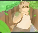  2020 anthro backpack bottomwear brown_body brown_fur canid canine clothing detailed_background dragon_night800 fur hi_res humanoid_hands male mammal outside overweight overweight_anthro overweight_male pants plant raccoon_dog shirt solo tanuki topwear tree 