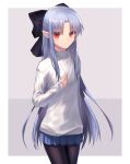  1girl absurdres bangs black_bow black_legwear blue_skirt border bow cowboy_shot eyebrows_visible_through_hair grey_background hair_between_eyes hair_bow hair_intakes highres ji-logg len_(tsukihime) long_hair long_sleeves looking_at_viewer melty_blood miniskirt pantyhose pleated_skirt pointy_ears red_eyes shiny shiny_hair silver_hair skirt sleeves_past_wrists solo standing sweater tsukihime very_long_hair white_border white_sweater 