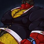  2018 anthro beard belly big_belly big_muscles big_nipples black_hair bobert clock clothing countershading dragon facial_hair grin hair hi_res holo_(holodrom) huge_muscles hyper hyper_belly hyper_muscles male musclegut muscular muscular_anthro muscular_male nipples smile solo suit watch wristwatch yellow_countershading 