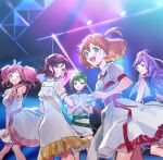  5girls bangs blue_eyes blue_hair brown_eyes clenched_hand dress flat_chest freyja_wion green_eyes hair_behind_ear hair_bun hand_on_own_thigh hands_together highres idol kaname_buccaneer long_hair looking_back macross macross_delta makina_nakajima mikumo_guynemer multicolored_hair multiple_girls one_eye_closed open_mouth orange_hair pink_hair pointy_ears pote-mm purple_eyes purple_hair red_eyes red_hair reina_prowler short_hair shorts streaked_hair twintails v walkure_(macross_delta) white_dress white_shorts 