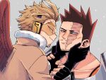  2boys :i adam&#039;s_apple armor black_gloves blonde_hair blue_eyes boku_no_hero_academia brown_jacket closed_mouth collarbone commentary eye_contact facial_hair facial_mark feathered_wings fingerless_gloves fingernails fur-trimmed_gloves fur-trimmed_jacket fur_trim gloves goggles half-closed_eyes hands_on_another&#039;s_cheeks hands_on_another&#039;s_face hawks_(boku_no_hero_academia) headphones high_collar jacket light_smile looking_at_another male_focus miso_(mimimiso) multiple_boys pauldrons red_hair red_wings scar scar_across_eye short_hair shoulder_armor sideburns spiked_hair stubble sweatdrop tinted_eyewear todoroki_enji wings wrist_grab yaoi yellow-tinted_eyewear yellow_eyes 