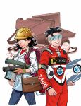  alternate_costume annotated ball black_hair breasts briefcase cebolinha_(turma_da_monica) commentary computer feet_out_of_frame hardhat helmet highres holding holding_surfboard holding_tablet_pc labcoat laptop looking_at_viewer monica_(turma_da_monica) official_art pants pocket portuguese_commentary safety_glasses short_hair small_breasts smile soccer_ball standing surfboard tablet_pc turma_da_monica turma_da_monica_jovem uniform zazo_aguiar 
