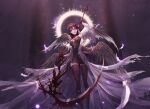  1girl black_hair black_wings dungeon_and_fighter female_priest_(dungeon_and_fighter) gloves looking_at_viewer mistress_(dungeon_and_fighter) red_eyes scythe short_hair solo thighhighs wings 