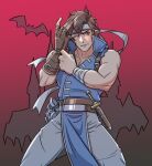  1boy adjusting_clothes adjusting_gloves artist_request breasts brown_hair castlevania castlevania:_rondo_of_blood glove_pull gloves ground kalamaridesert male_focus muscular red_background richter_belmont short_hair solo source_request super_smash_bros. taunting 