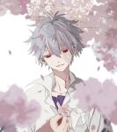  1boy bangs blurry blurry_background blurry_foreground cherry_blossoms collarbone colored_eyelashes depth_of_field flower grey_eyelashes hair_between_eyes holding holding_flower jacket looking_at_viewer male_focus na_ta53 nagisa_kaworu neon_genesis_evangelion parted_lips petals red_eyes shirt smile solo white_hair white_jacket 