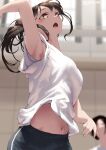  2girls arm_up armpits aya_(jonsun) bangs black_hair black_shorts blurry blurry_background blush breasts brown_eyes hitting indoors jonsun looking_up medium_breasts medium_hair multiple_girls navel open_mouth original shirt short_hair short_sleeves shorts solo_focus t-shirt twitter_username upper_body white_shirt 