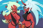  2girls absurdres aqua_hair bikini black_bikini breasts cleavage colored_skin cowboy_shot demon_girl demon_horns green_eyes green_hair highres horns kneesocks_(psg) long_hair medium_breasts multiple_girls navel panty_&amp;_stocking_with_garterbelt parted_lips red_skin scanty_(psg) signature single_horn slingshot_swimsuit smile swimsuit very_long_hair whoopsatro 