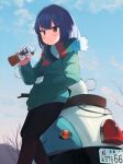 1girl bangs bare_tree black_pants blue_hair blue_sky bottle closed_mouth cloud commentary_request day eyebrows_visible_through_hair green_jacket ground_vehicle hand_in_pocket hand_up headwear_removed helmet helmet_removed highres hinami047 holding holding_bottle jacket long_sleeves looking_at_viewer motor_vehicle outdoors pants red_eyes scooter shima_rin sky sleeves_past_wrists solo tree yurucamp 