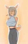  absurd_res anthro big_breasts bottomwear breasts brown_body brown_fur cervid clothed clothing digital_media_(artwork) female fur hair hi_res mammal matt_the_rain orange_eyes simple_background smile solo tight_clothing tongue tongue_out topwear workout_clothing yoga_pants 