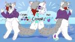  2021 ambiguous_gender anthro belly blep blue_tongue bottomless clothed clothing clowncrime digital_media_(artwork) domestic_ferret feet fur grey_body grey_fur grey_hair hair hi_res jacket looking_at_viewer mammal model_sheet multicolored_body multicolored_fur multicolored_hair multicolored_tail mustela mustelid musteline navel open_mouth pawpads paws pink_inner_ear purple_eyes red_hair simple_background slightly_chubby smile solo tail_maw tail_mouth text toes tongue tongue_out topwear true_musteline white_body 