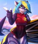 2021 absurd_res anthro blonde_hair blue_hair breasts day detailed_background digital_media_(artwork) female fish hair hi_res marine non-mammal_breasts open_mouth outside shark sky smile solo teeth tongue xaenyth 