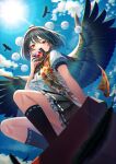  1girl bird black_hair black_legwear black_skirt black_wings breasts camera chromatic_aberration cloud commentary_request crow day feathered_wings feathers hat holding holding_camera leaf_print looking_at_viewer outdoors pom_pom_(clothes) print_scarf red_eyes red_headwear scarf shameimaru_aya shirt short_hair short_sleeves sitting skirt socks solo sun tokin_hat touhou unowen white_shirt wings 