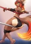  absurd_res ahoge anthro big_butt black_sclera breasts butt butt_focus canid canine canis caradhina clothed clothing digital_media_(artwork) embers female fighting_ring fire fur green_eyes hair hi_res kittell_(artist) looking_at_viewer looking_back mammal simple_background small_breasts smile solo wolf wrestling_outfit 