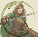  1girl beige_background belt brown_hair character_request cloak film_grain final_fantasy final_fantasy_tactics gloves green_cloak green_eyes holding holding_weapon long_hair open_mouth scabbard sheath sheathed simple_background solo sword teeth traditional_media turtleneck upper_teeth watercolor_(medium) weapon windcaller 
