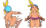  1girl absurdres aqua_headwear bare_shoulders blonde_hair blue_eyes breasts cleavage cropped_legs hetero highres large_breasts multiple_views nipples no_nose nude open_mouth sex shantae_(series) shoulder_blades simple_background sky_(shantae) t0raa white_background 