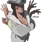  1girl absurdres bangs black_eyes black_hair blunt_bangs breasts cleavage cowboy_shot extra_arms hat highres huge_breasts nico_robin one_piece shadow signature simple_background solo white_background whoopsatro 