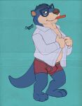  animal_crossing anthro blue_background blue_body bulge clothed clothing dressing eyewear glasses hi_res lutrine lyle_(animal_crossing) male mammal mustelid nintendo open_clothing open_shirt open_topwear shirt simple_background slightly_chubby solo spectral-bat topwear underwear video_games 