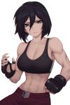  1girl abs bare_shoulders black_eyes black_gloves black_hair black_tank_top breasts cleavage clenched_hand crop_top fingerless_gloves gloves hair_between_eyes highres liyart looking_at_viewer mikasa_ackerman muscular muscular_female parted_lips shingeki_no_kyojin short_hair shorts simple_background solo sweat tank_top white_background 