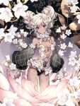  1girl bare_shoulders breasts dark_skin detached_sleeves double_bun eyelashes flower hair_flower hair_ornament highres leaf nardack open_mouth original pink_eyes pointy_ears small_breasts solo white_hair 