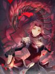  1girl black_gloves black_rose_dragon black_skirt breasts card choker cleavage collarbone cowboy_shot elbow_gloves fingerless_gloves floating_hair garter_straps gloves hair_ornament hairpin holding holding_card izayoi_aki looking_at_viewer medium_breasts miniskirt parted_lips pencil_skirt red_choker red_hair shiny shiny_hair short_hair_with_long_locks skirt solo standing underbust yellow_eyes youmicitrustea yu-gi-oh! yu-gi-oh!_5d&#039;s 