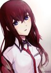  1girl :d absurdres bangs blue_eyes collared_shirt eyebrows_visible_through_hair hair_between_eyes highres huge_filesize long_hair looking_at_viewer makise_kurisu necktie open_mouth red_hair red_neckwear shirt smile solo steins;gate tayutau0a0 upper_body white_shirt wing_collar 