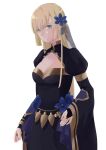  1girl absurdres alternate_costume bangs black_dress blonde_hair breasts bridal_gauntlets cleavage cleavage_cutout closed_mouth clothing_cutout cowboy_shot dress fire_emblem fire_emblem:_three_houses green_eyes hair_between_eyes hair_ornament highres ingrid_brandl_galatea long_hair long_sleeves medium_breasts shiny shiny_hair simple_background solo standing straight_hair tyotto_ko_i very_long_hair white_background 