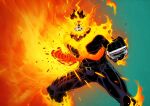  1boy beard blue_bodysuit blue_eyes bodysuit boku_no_hero_academia bulge covered_abs facial_hair feet_out_of_frame fiery_hair fighting_stance fire flaming_hand highres large_pectorals legs_apart looking_at_viewer male_focus mature_male muscular muscular_male no_pupils red_hair scar scar_across_eye short_hair sideburns solo spidermanfan2099 spiked_hair stubble thighs todoroki_enji wallpaper western 