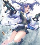  1girl :o bare_legs belt belt_pouch black_footwear black_gloves black_jacket black_skirt blue_archive blue_eyes blue_neckwear collared_shirt commentary dual_wielding eyebrows_visible_through_hair gloves gun halo hirokazu_(analysis-depth) holding holding_gun holding_weapon id_card jacket leg_up long_hair long_sleeves miniskirt necktie off_shoulder pleated_skirt pouch purple_hair shell_casing shirt shoes skirt solo standing standing_on_one_leg submachine_gun two_side_up weapon white_belt white_jacket white_shirt yuuka_(blue_archive) 