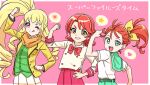  3girls :d :p alice_peperoncino anzai_tokiwa arm_up blazer blonde_hair blouse bow brown_eyes buttons clenched_hand closed_mouth collar crossover double-breasted drill_hair eyebrows_visible_through_hair fairouz_ai fist_pump green_belt green_eyes green_sailor_collar green_shirt green_skirt grin hair_bow hair_strand half_updo hand_on_hip heart heart_in_eye hizirinne ichigo_junior_high_uniform jacket kiratto_pri_chan long_hair long_sleeves mewkledreamy multiple_girls natsuumi_manatsu one_eye_closed one_side_up open_mouth orange_hair pink_background pink_eyes precure pretty_(series) raised_fist red_bow red_button red_hair round_teeth sailor_collar scarf school_uniform seiyuu_connection shirt short_hair short_sleeves side_ponytail simple_background single_stripe skirt smile speech_bubble spoken_heart spoken_star spoken_sun star_(symbol) star_in_eye summer_uniform symbol_in_eye teeth tehepero thick_eyebrows tongue tongue_out translated tropical-rouge!_precure upper_body upper_teeth very_long_hair white_blouse white_collar white_skirt yellow_bow yellow_jacket yellow_scarf yellow_stripe 