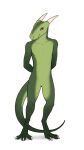  3_toes anthro countershading digitigrade dragon featureless_crotch feet goofle green_body green_scales hands_behind_back hi_res horn looking_at_viewer male scales solo standing toes yellow_eyes 
