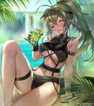  1girl ;d antenna_hair arknights arm_strap bangs bare_legs bare_shoulders black_gloves black_headwear black_swimsuit blush breasts crocodilian_tail cup day drink feet_out_of_frame gavial_(arknights) gloves green_hair head_tilt high_ponytail holding holding_cup knee_up large_breasts lime_slice long_hair looking_at_viewer navel niwatoryyyyyy official_alternate_costume one_eye_closed open_mouth outdoors pointy_ears rainbow sidelocks single_glove sitting smile solo sparkle stomach swimsuit thigh_strap twitter_username underboob very_long_hair visor_cap water waterfall wet yellow_eyes 