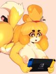  animal_crossing anthro big_breasts big_butt breasts butt canid canine canis casual_nudity domestic_dog female hi_res huge_butt isabelle_(animal_crossing) jawful lying mammal nintendo nintendo_switch nipples nude on_front solo thick_thighs video_games 